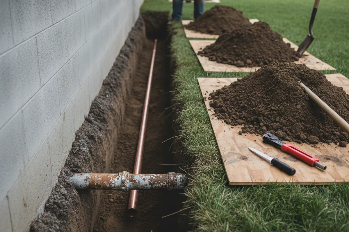 Excavated water line trench during Sewer Line Repair in Lakeland